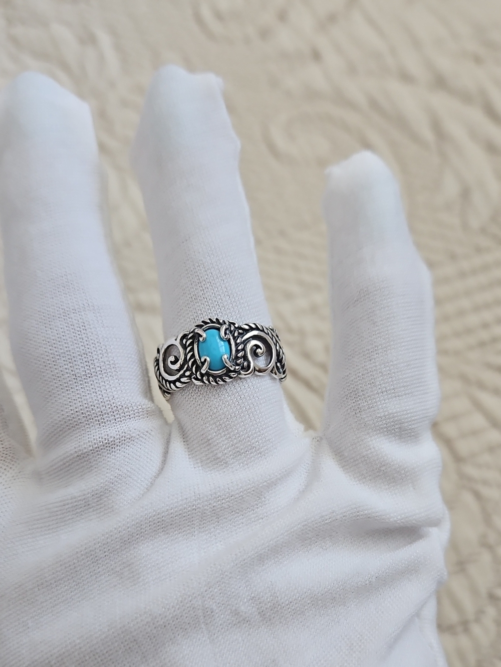 Sterling Silver Sleeping Beauty Turquoise Scrollwork Ring